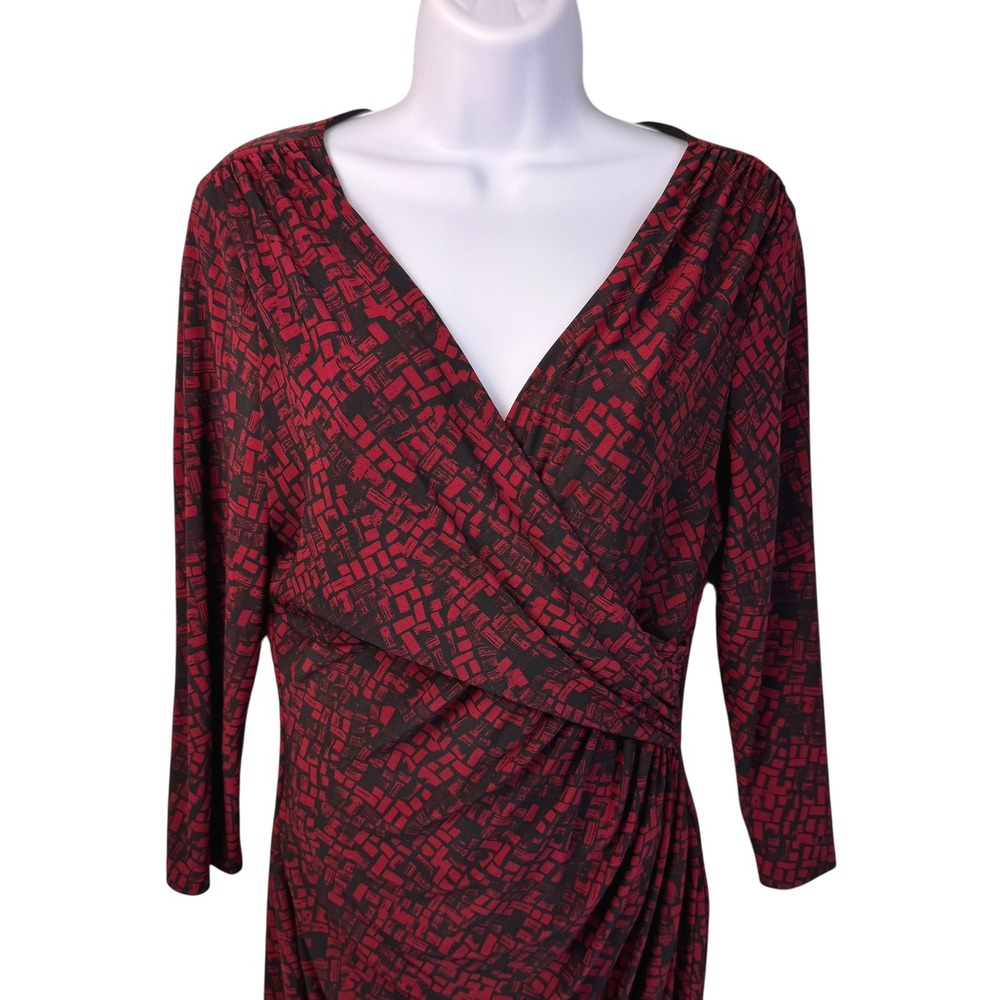 Ralph Lauren Dress 10 Red Black Geometric Print‎ 3/4 Sleeve Faux Wrap Career - Picture 4 of 16